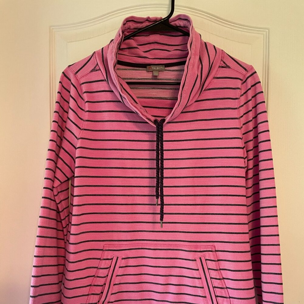 T by Talbots Pink & Navy Striped Funnel Neck Pullover Top Size M EUC